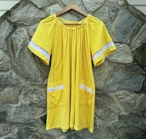 Vintage 1970s Yellow Terrycloth Summer Dress Bell Sleeve USA Made Medium - Picture 1 of 7