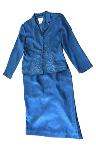 Vintage Adrianna Papell Seide 2-teilig Gr. 8P blau Langarm Anzug Blazer & Rock Blumenmuster - Bild 1 von 20