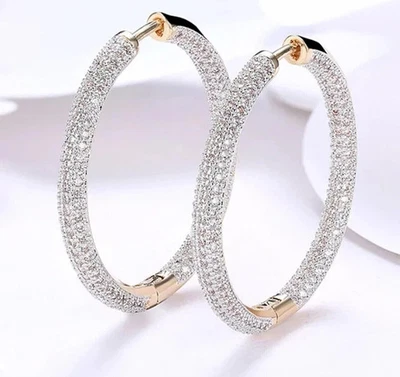 3Ct Round Lab Created Diamond Large Huggie Hoop Earrings 14K Yellow Gold Plated - Image 1 of 4