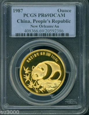 1987 PROOF GOLD PANDA NEW ORLEANS PCGS PR69 PF69 DEEP CAMEO CHINA 1 Oz. - Image 1 of 2