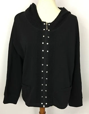 Onque Casuals Black Studded Mesh Zip-Up Sweatshirt Hoodie Size L Missing 1 Stud - Image 1 of 4