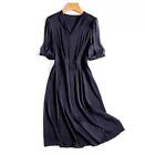 Women V-neck Silk Dress Solid High Waist mulberry silk Knee Length OL Dress