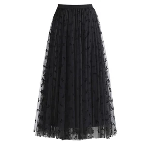 Reversible Women Two Layers Mesh Pleated Skirt Bow Pattern Elastic Waist Elegant - Picture 1 of 16
