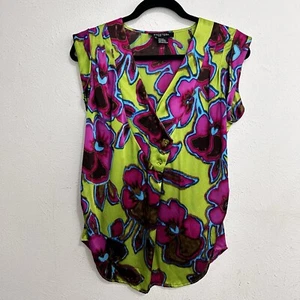 Etcetera VTG Y2K Sleeveless Silk Blouse Top Size 8 Green Purple Floral Colorful - Picture 1 of 12