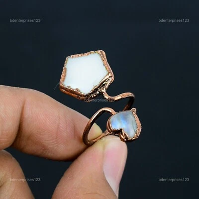 Mother Of Pearl Stone Rainbow Moonstone Electroformed June Ring Jewelry Copper — 第 1/4 张图片