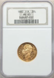 ITALY , GOLD 20 LIRE 1882 R NGC MS 63 , RARE - Picture 1 of 2