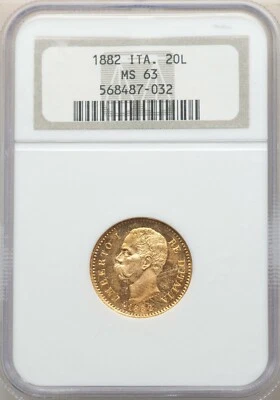 ITALY , GOLD 20 LIRE 1882 R NGC MS 63 , RARE1 - Image 1 of 2