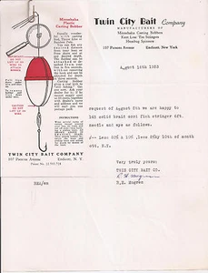 6 originales 1953 2 piezas Twin City Bait Co. carta firmada Mogren anuncio pesca - Imagen 1 de 3