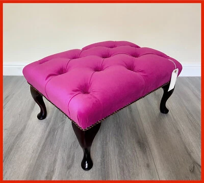 Chesterfield Buttoned Queen Anne Pink Velvet Footstool - Image 1 of 4