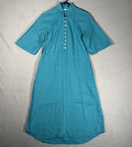 Abito Teodora Midi Morbido Dintorni Taglia Petite S 100% Lino Teal Minimalista - Foto 1 di 13