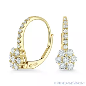 Orecchini pendenti fiore leva oro giallo 14 kt taglio tondo 0,74 ct a grappolo diamanti - Foto 1 di 1