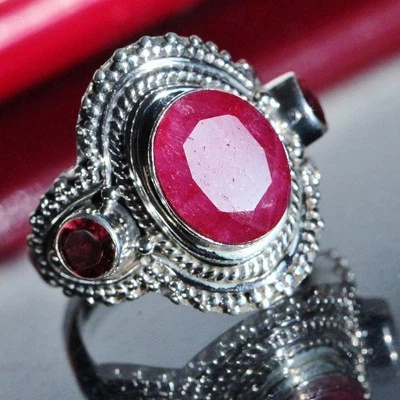 Anillo de plata de ley 925 3,70 quilates granate rubí talla 6 vintage hecho a mano 5,1 gr Foto 1 de 4