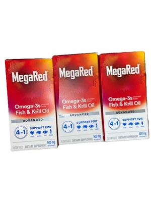 (3) MegaRed Omega-3s Fish & Krill Oil Advanced 500 m25 Softgels Exp 01/31/26+ - Image 1 of 2