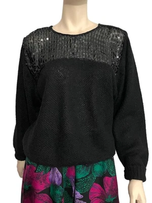 Vintage Black Sequinned Party Christmas Sweater Jumper. Mohair blend. Size 12 - Image 1 of 4