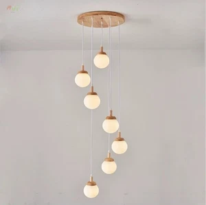 Wooden Stair Chandelier Glass ball LED Pendant Light Living room Ceiling Lamp - Picture 1 of 8