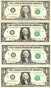 Lote de 4 billetes de dólar número uno serie de lujo de los 5 de cuatro en una fila - Imagen 1 de 2