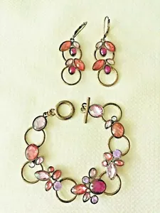 Armband + Ohrringe 2 Stück Set Bronzefarben Glieder Rosa Mehrfarbig Kristalle Neu - Bild 1 von 3