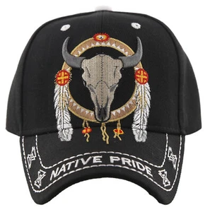 NUOVO! CAPPELLO BERRETTO NATIVE PRIDE INDIANO AMERICANO PIUME TESCHIO DI BUFALO NERO - Foto 1 di 4