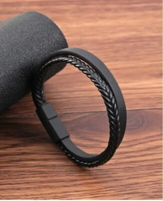 Men's Simple Black PU Leather Layered Braided Bracelet Wristband Bangle Cuff - Image 1 of 4