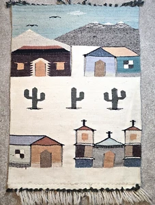 Woven Wool Southwestern Wall Hanging Tapestry Cactus Church Mountains 29" x 45"  - Picture 1 of 13