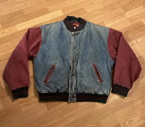 Vintage Denim Varsity Bomber Jacket Maroon Sleeves Size Large Distressed - Bild 1 von 21