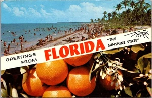 Tarjeta postal de saludos desde FLORIDA naranjas y bañistas vista múltiple - Imagen 1 de 2