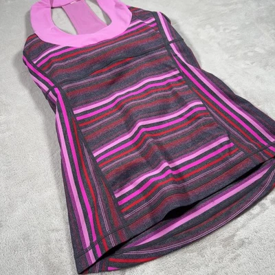 Camiseta sin mangas deportiva para mujer Lululemon 4 rosa negra a rayas malla espalda de corredor  Foto 1 de 4