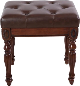 Stool Vanity Bench Vintage Padded Cushion Leather Seat Solid Wood Carving Legs - Picture 1 of 12