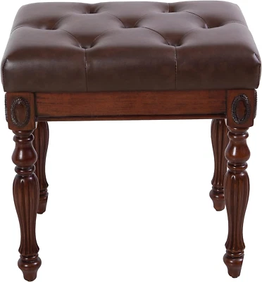 Stool Vanity Bench Vintage Padded Cushion Leather Seat Solid Wood Carving Legs - Image 1 of 4