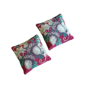 Grandin Road Set of 2 Holiday Christmas Acorn Holly 15x15 Hooked Wool Pillows - Picture 1 of 4