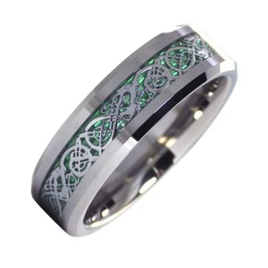 Tungsten Celtic Dragon Ring Green Carbon Fiber Norse Viking Wedding Band 6mm - Picture 1 of 3