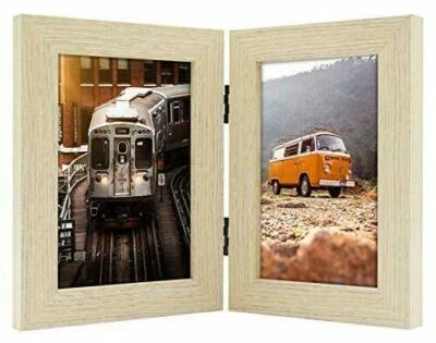 Marco de fotos doble 4x6 marco de fotos con bisagras verticales 2 aperturas plegable natural Foto 1 de 4