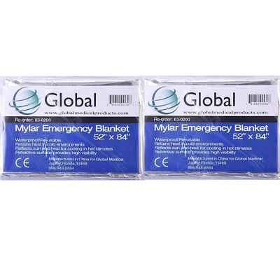 GLOBAL 2 PACK • Extra Large 82"x 54 Emergency Solar Mylar Blanket Survival Safety