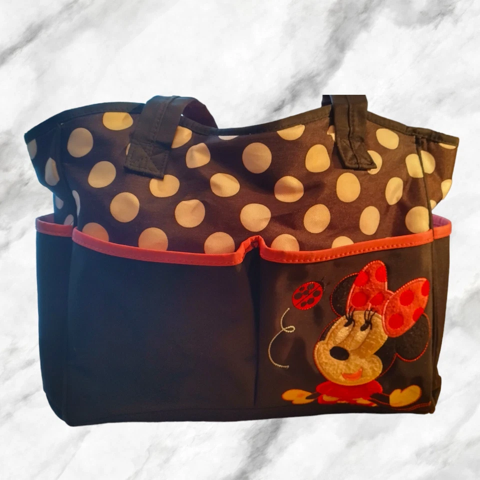 DISNEY BABY DIAPER SHOULDER BAG MINNIE MOUSE BLACK & WHITE POLKA DOT LARGE TOTE - Image 1 of 4