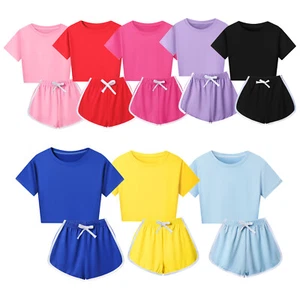 Kids Girls 2 Piece Outfits Tracksuit Set Crop Tops with Athletic Shorts Jogger - Picture 1 of 9