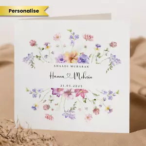 Personalised Shaadi Mubarak Card Muslim Couple Nikkah Card Nikah Shaadi Wreath - Picture 1 of 2