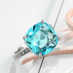 10MM Suqare Cut Titanic Ocean Blue Fire Topaz Gems Woman Silver Ring Size 6-10 - Picture 1 of 5