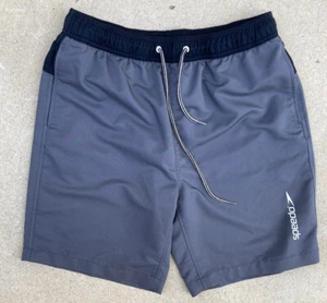 Men's Speedo Gray Mesh Lined Swim Trunks L Pockets String Poly Pool Beach Summer - Picture 1 of 9