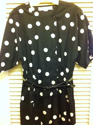Vintage 80s ADELE SIMPSON White on Black Polka Dot Dress Patent Belt Size 8 - Image 1 of 4