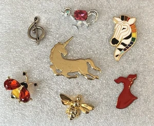 Lot 7 Random Subjects Tie Tacks-Pin Backs-Lapel Pins Enamel Bird-Zebra-Unicorn - Picture 1 of 3