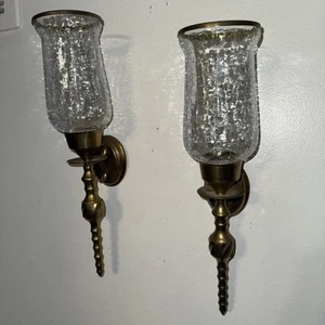 VTG Pair Twisted Base Crackle Glass Brass Gold Metal Candle Sconces 15.5" Tall - Picture 1 of 6