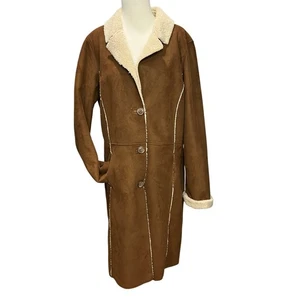 Vintage Old Navy Coat XL Brown Faux Suede Penny Lane Sherpa Lined Y2K Outerwear - Picture 1 of 17