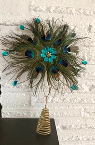 Vintage Pfauenfedern Christbaumspitze Vogel Gold Glitzer Draht Schmuck Türkis - Bild 1 von 3