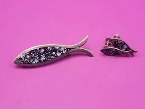 Vintage Turquise Inlay Taxco Mexico MCM Sterling Silver Fish  Brooch & Earrings - Picture 1 of 12