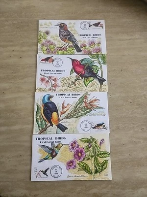 #3222-3225 TROPICAL BIRDS Collins Hand-Painted SET OF 4 FDC'S   1998  - Image 1 of 3