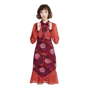 ModCloth x Anna Sui Floral Print Midi Dress Tie Neck Long Sleeve Size 2 - Picture 1 of 8