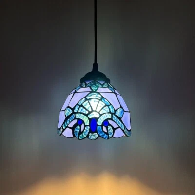ENJOY DECOR LAMPS Tiffany Style Mini Hanging Lamp Blue Stained Glass Baroque Style 50”H*6"W