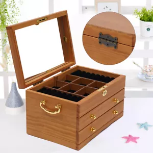 Retro Storage Case Jewelry Box 3 Layers Large Capacity Organizer Wooden w/ Lock - Picture 1 of 21