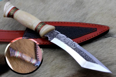 11" Hand engraved stainless steel tanto blade hunting knife, , Cow sheath - Image 1 of 4