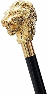 Bastón de madera vintage con mango de cabeza de león Pasotti dorado de latón antiguo Foto 1 de 4